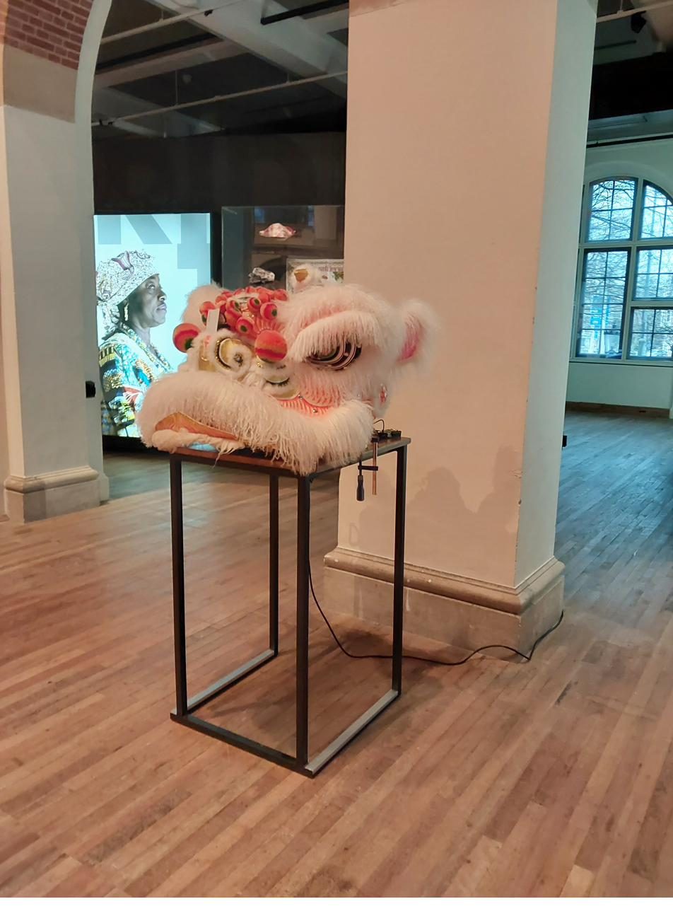 The lion head in profile on its black table in the museum